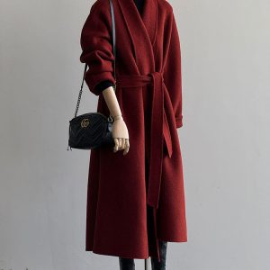 Red Reversible Cashmere Coat for Women - Autumn Winter 2024 Petite High-End Woolen Bathrobe Style Outerwear