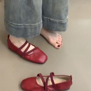 Red Sheepskin Mary Jane Flat Shoes for Women - French Cross Strap Shallow Mouth Evening Ballet Style