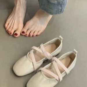 Red Sheepskin Mary Jane Flat Shoes for Women - French Cross Strap Shallow Mouth Evening Ballet Style