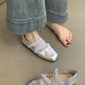 Red Sheepskin Mary Jane Flat Shoes for Women - French Cross Strap Shallow Mouth Evening Ballet Style