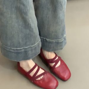 Red Sheepskin Mary Jane Flat Shoes for Women - French Cross Strap Shallow Mouth Evening Ballet Style