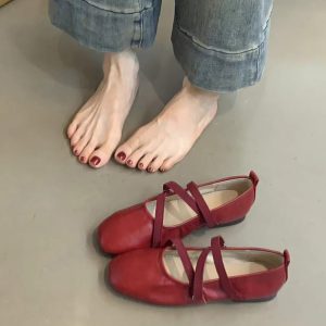 Red Sheepskin Mary Jane Flat Shoes for Women - French Cross Strap Shallow Mouth Evening Ballet Style