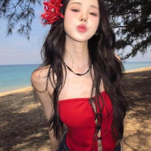 Red Strapless Top for Women - French Style Bow Hollow Design, Slim Fit, Trendy Spring Fashion