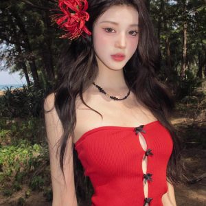 Red Strapless Top for Women - French Style Bow Hollow Design, Slim Fit, Trendy Spring Fashion