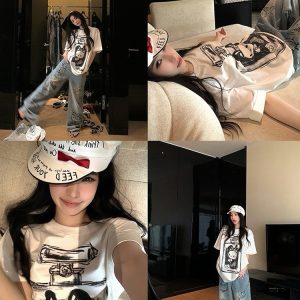 Relaxed Cat Sauce White Oversized Short Sleeve T-Shirt for Women - Casual and Comfy Graphic Tee