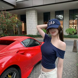 Relaxed Style Asymmetrical Shoulder Strap Short Sleeve T-Shirt for Women - Summer Slim Fit Top with Chest Pad