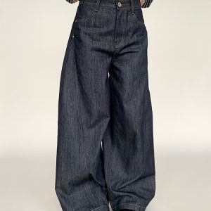 Retro American Curved Blade Split Wide-Leg Jeans - Niche Design Loose Casual Straight Pants for Y2K and 90s Style Fashion