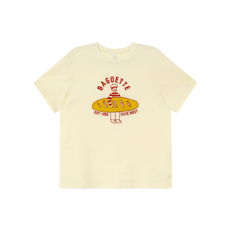 Retro American Hot Dog Embroidered T-Shirt for Women, Summer Loose-Fit Pure Cotton Top, Casual 90s Style