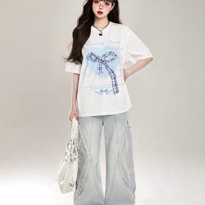 Retro American Vibe Wide-Leg Jeans for Women - Light-Colored Casual Draped Floor-Length Pants for Spring Fashion