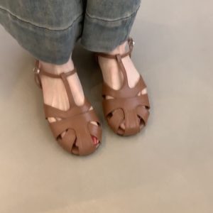 Retro Artistic Hollow-Out Buckle Sandals for Women - Sheepskin Woven Flat Roman Shoes, Casual Pig Cage Style