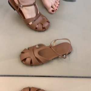 Retro Artistic Hollow-Out Buckle Sandals for Women - Sheepskin Woven Flat Roman Shoes, Casual Pig Cage Style