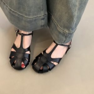 Retro Artistic Hollow-Out Buckle Sandals for Women - Sheepskin Woven Flat Roman Shoes, Casual Pig Cage Style