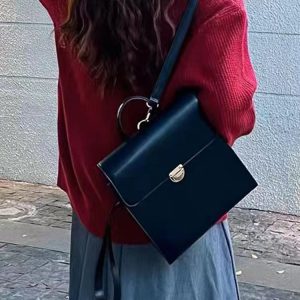 Retro Casual Black Leather Backpack for Women - Minimalist Travel Commuter Bag with Artistic Design