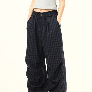 Retro Checkered Pleated Loose Drape Pants for Women - Stylish Casual Trousers, 90s Inspired Fashion