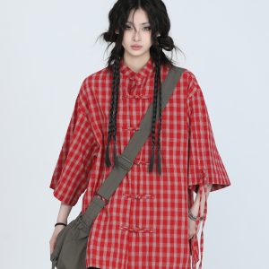 Retro Chinese-Style Red Plaid Short Sleeve Shirt for Women - Unique Loose Fit, Vintage-Inspired Fashion