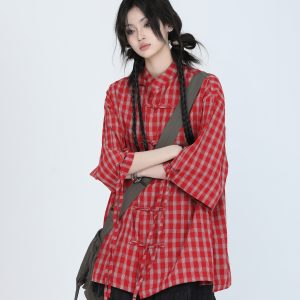 Retro Chinese-Style Red Plaid Short Sleeve Shirt for Women - Unique Loose Fit, Vintage-Inspired Fashion