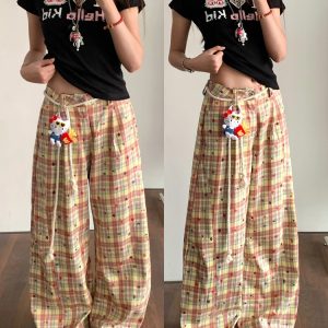 Retro Color-Blocked Plaid Wide-Leg Work Pants for Women - Loose Fit Casual Summer 2025 Floor-Length Trousers