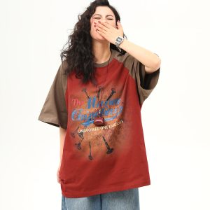 Retro Color-Blocking Raglan Short Sleeve T-Shirt for Women - American Style Summer Loose Tee