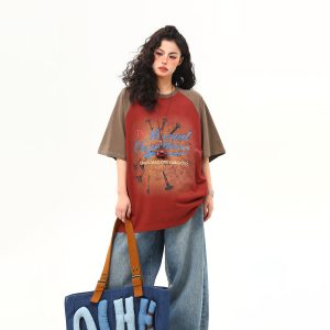 Retro Color-Blocking Raglan Short Sleeve T-Shirt for Women - American Style Summer Loose Tee
