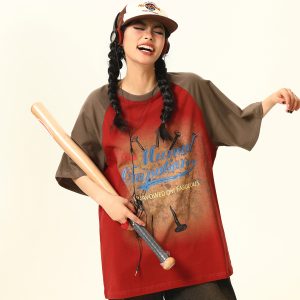 Retro Color-Blocking Raglan Short Sleeve T-Shirt for Women - American Style Summer Loose Tee