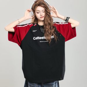 Retro Color-Blocking Raglan Short-Sleeve T-Shirt for Women - Summer Casual Oversized Top