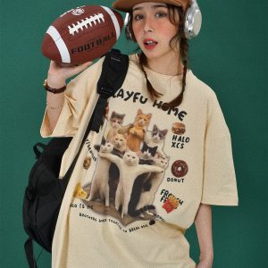 Retro Cute Cat Loose Short Sleeve T-Shirt for Women, Cartoon Graphic Tee, Summer 2024 Fashion, Y2K Style