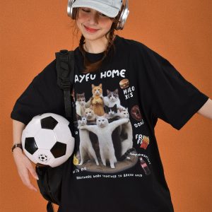 Retro Cute Cat Loose Short Sleeve T-Shirt for Women, Cartoon Graphic Tee, Summer 2024 Fashion, Y2K Style
