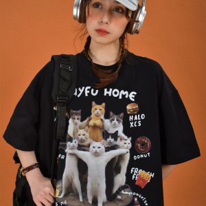 Retro Cute Cat Loose Short Sleeve T-Shirt for Women, Cartoon Graphic Tee, Summer 2024 Fashion, Y2K Style