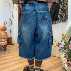 Retro Denim Work Capris with Cat Whiskers, Big Pockets, Embroidery, Wide-Leg Loose Fit Pants for Casual Y2K Style