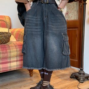 Retro Denim Work Capris with Cat Whiskers, Big Pockets, Embroidery, Wide-Leg Loose Fit Pants for Casual Y2K Style