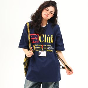 Retro Double Collar Letter Short-Sleeve T-Shirt for Men and Women, Pure Cotton Round Neck Couples Tee, Vintage American Style