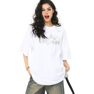 Retro Embroidered Letter Short-Sleeve T-Shirt for Men and Women, Oversized Couple Style, Vintage 90s American Fashion