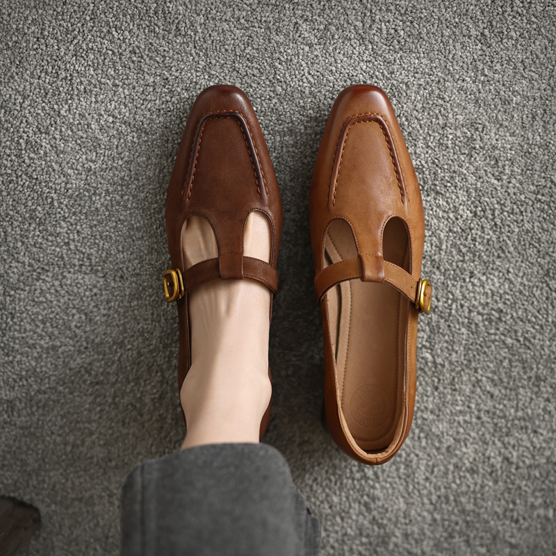 Retro Genuine Leather Mary Jane Flats for Women - Square Toe, Mid-Chunky Heel, Versatile 2025 Y2K Style Loafers