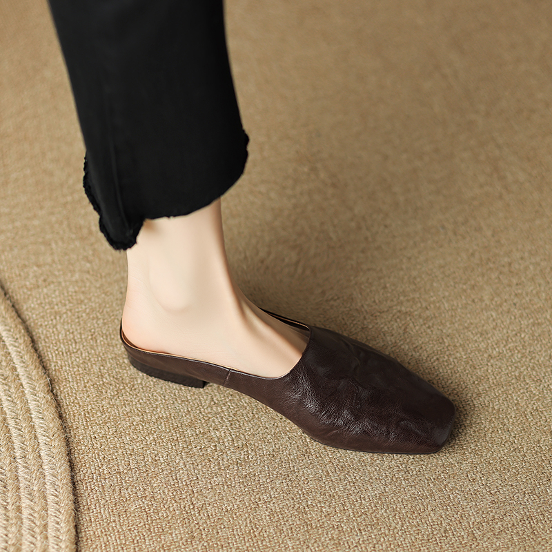 Retro High-End Genuine Leather Open-Toe Half Slippers - Square Toe Flat Mules for Y2K and 90s Inspired Style
