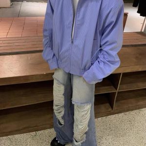 Retro Japanese-Style Blue Striped Shirt for Men - Autumn Loose Casual Shoulder-Padded Jacket, Trendy Y2K Fashion Essential