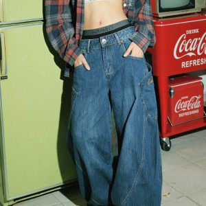 Retro Large Pocket Wide-Leg Denim Pants for Women - Floor-Length Curved Blade Trousers for Spicy 90s Y2K Style
