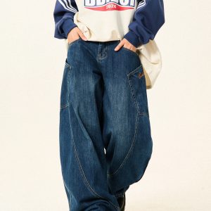 Retro Large Pocket Wide-Leg Denim Pants for Women - Floor-Length Curved Blade Trousers for Spicy 90s Y2K Style