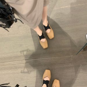 Retro Low-Heeled Ballet Shoes for Women, Cross Strap, Pig Nose, Square Toe, Shallow Mouth, Vintage Flat Shoes