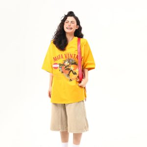 Retro Orange Print Short Sleeve T-Shirt for Women | Summer Vibe Ginger Yellow Tee | Y2K Fashion Top