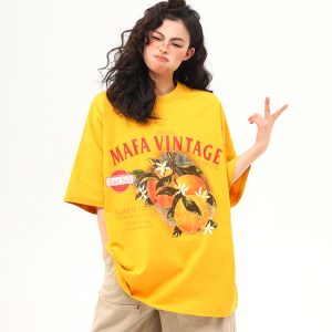 Retro Orange Print Short Sleeve T-Shirt for Women | Summer Vibe Ginger Yellow Tee | Y2K Fashion Top