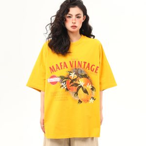 Retro Orange Print Short Sleeve T-Shirt for Women | Summer Vibe Ginger Yellow Tee | Y2K Fashion Top