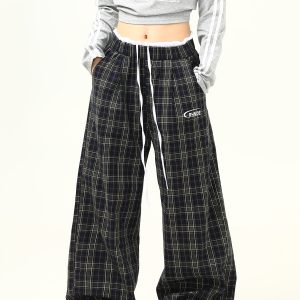 Retro Plaid Wide-Leg Double-Waist Casual Pants for Women - Loose Straight Floor-Length Trousers, Y2K Style