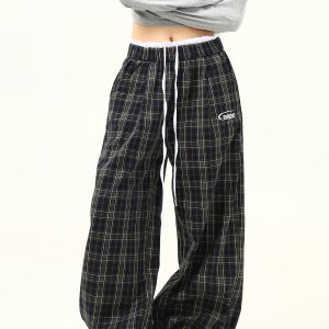 Retro Plaid Wide-Leg Double-Waist Casual Pants for Women - Loose Straight Floor-Length Trousers, Y2K Style