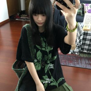 Retro Plant-Themed Korean Style Casual Loose Fit Cotton Summer Short Sleeve T-Shirt