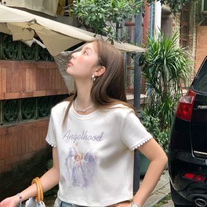 Retro Printed Short Sleeve T-Shirt for Women - Midsummer Southern Star Design, Thin Lace Round Neck, Summer Style