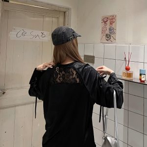 Retro Revival American Lace Bow Long Sleeve T-Shirt - Women's Jersey Sports Style Satin Top for Y2K Fashion