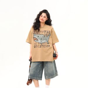 Retro Shark Patch Embroidered Short Sleeve T-Shirt for Women - American Style Summer Versatile Top