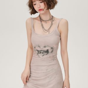 Retro Spicy Girl Cat Print Camisole Dress - Summer Bodycon Dress for a Girly Look, Perfect for Y2K and Retro Fashion Lovers