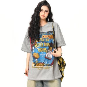 Retro Street Print Washed Short-Sleeve T-Shirt for Men and Women - Versatile Summer Couple Top, Trendy 90s American Style