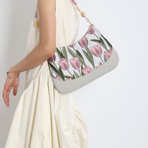 Retro Tulip Flower Underarm Bag for Women, Textured Jacquard Crossbody, Versatile Vacation Style, Niche Design